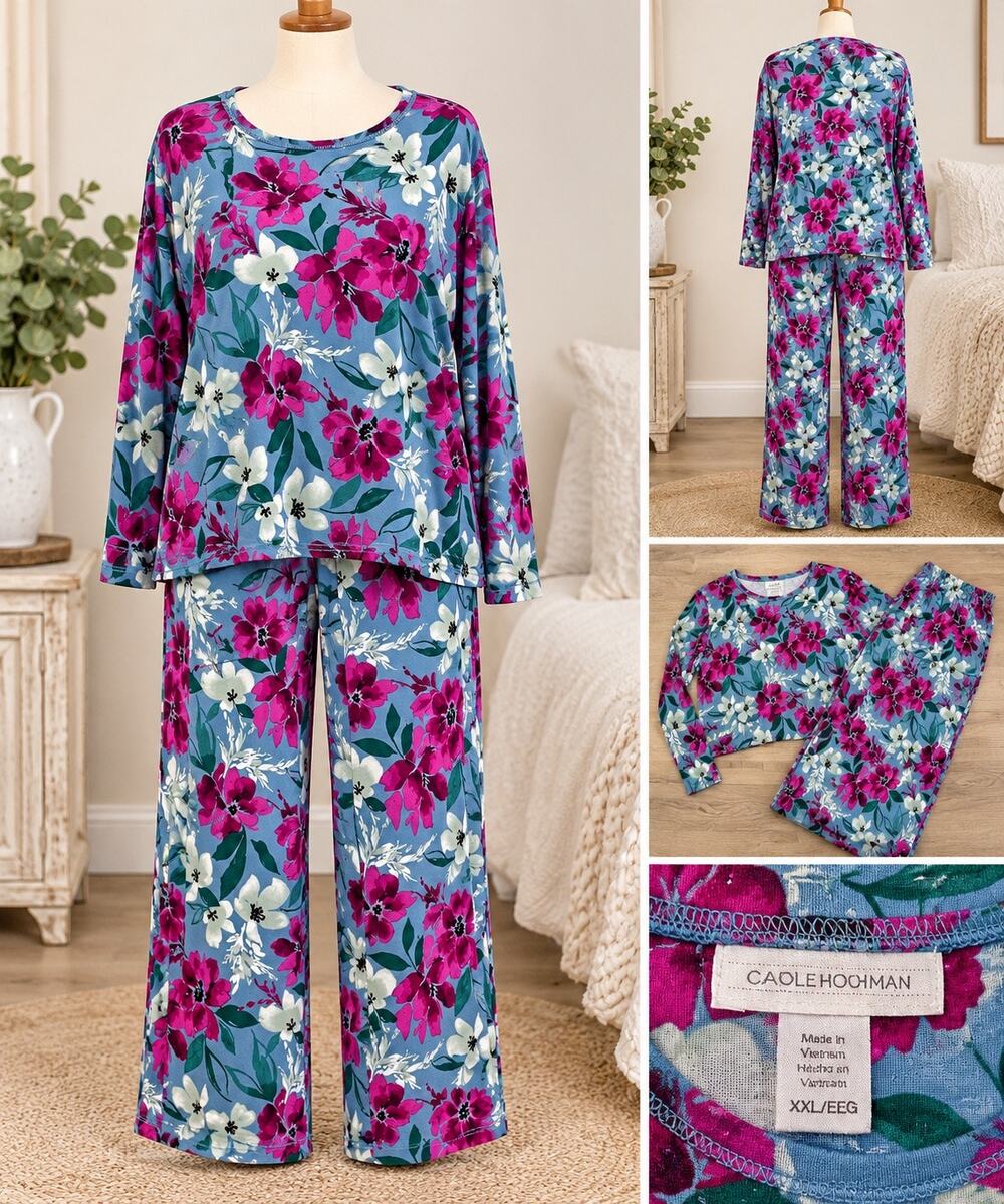 Carole Hochman XXL Floral 2 Piece Pajama Set Blue Pink Wide Leg Sleepwear